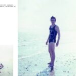 Two models showcase stylish swimsuits on a beach.