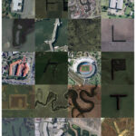 Aerial view of landscapes forming letters and shapes.