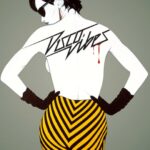 Stylish woman in sunglasses with striped pants and urban art logo.