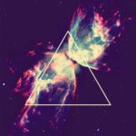 Colorful cosmic nebula with geometric triangle overlay.