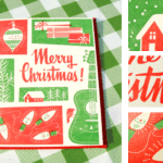 Vintage Christmas card featuring guitars and festive decorations.