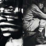 Dramatic black-and-white portrait of a girl and a boy with scissors.