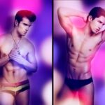 Two male models posing in colorful swimwear against a vibrant backdrop.