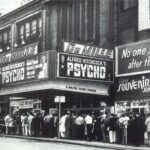 Crowd waiting outside for Alfred Hitchcock's Psycho premiere.