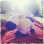 Cute plush cow toy resting on a cozy blanket.