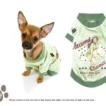 Chihuahua in green shirt with playful graphic design.