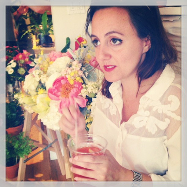 Alba and her wedding bouquet.