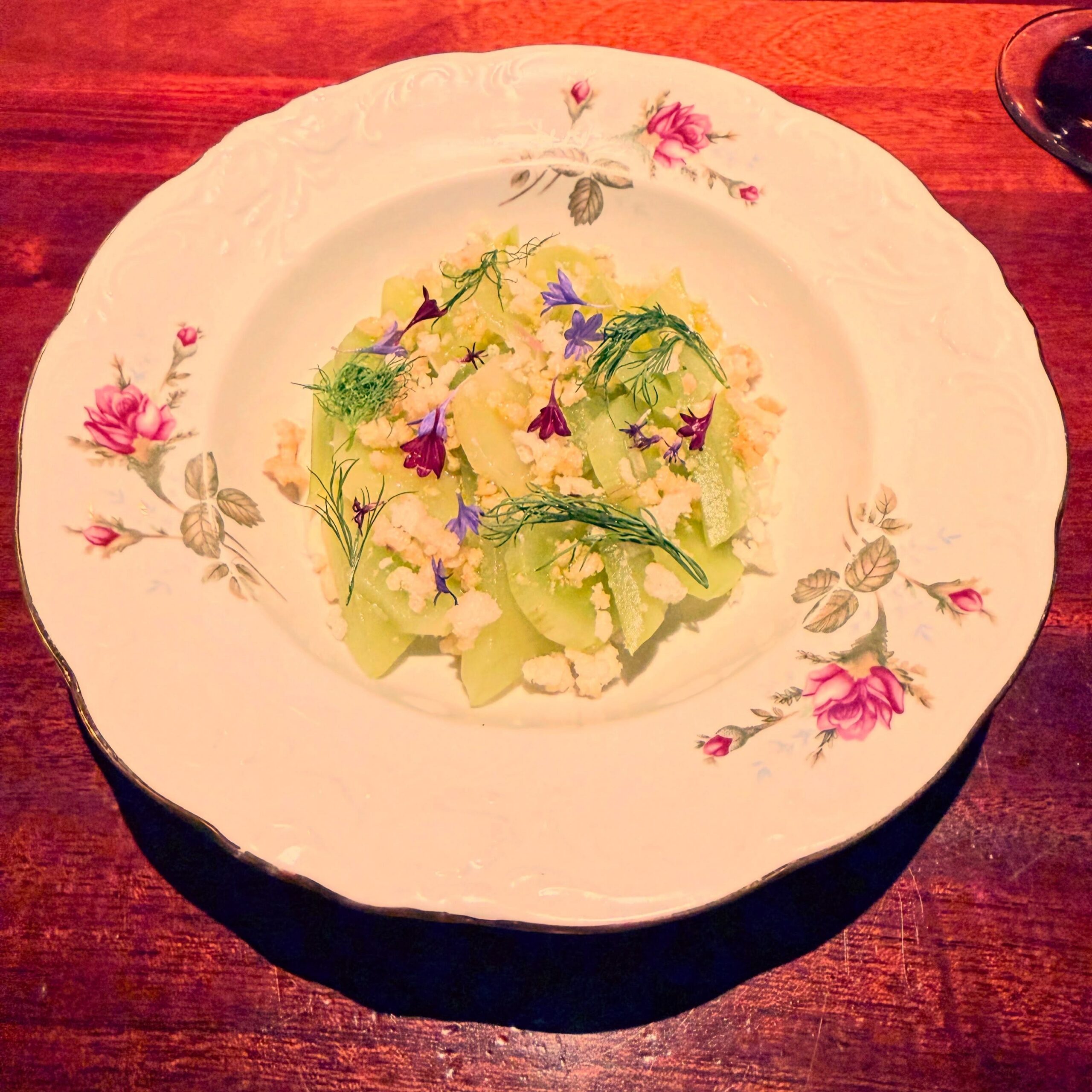Elegant Merinated Cucumber & Celtuce on Vintage Floral Plate
